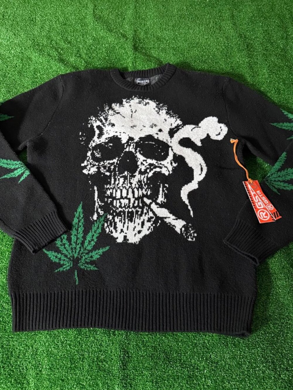 RGSTR Men's Smoking Skull Weed Leaf Knit Sweater Black Streetwear NWT Size L